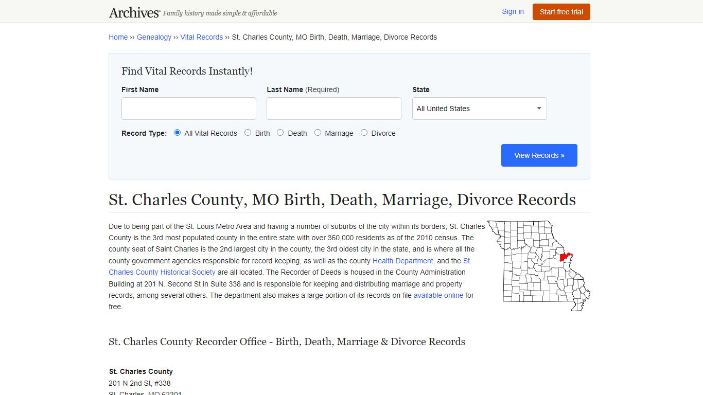 St. Charles County, MO Birth, Death, Marriage, Divorce Records